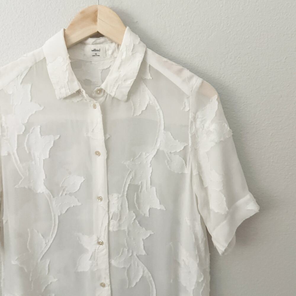 WILFRED x ARITZIA | Off White Floral Appliqué Sheer Shirt Dress Button Down | XS - Picture 4 of 8